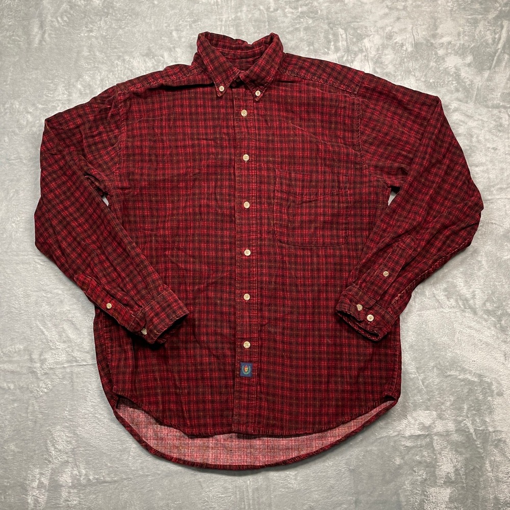 VTG Catalina Corduroy Button Down Shirt Mens Medium Red Black Plaid Long Sleeve